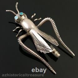 Large Native American Navajo Handmade Silver & Turquoise Grasshopper Pin Brooch