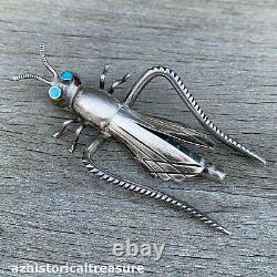 Large Native American Navajo Handmade Silver & Turquoise Grasshopper Pin Brooch