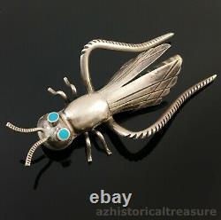 Large Native American Navajo Handmade Silver & Turquoise Grasshopper Pin Brooch