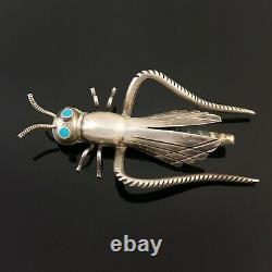 Large Native American Navajo Handmade Silver & Turquoise Grasshopper Pin Brooch