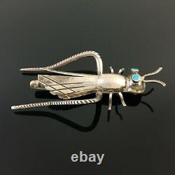 Large Native American Navajo Handmade Silver & Turquoise Grasshopper Pin Brooch