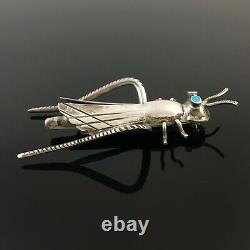 Large Native American Navajo Handmade Silver & Turquoise Grasshopper Pin Brooch