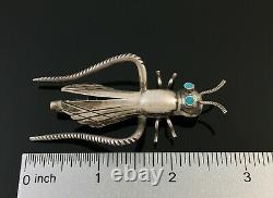 Large Native American Navajo Handmade Silver & Turquoise Grasshopper Pin Brooch