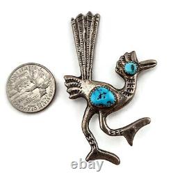 Large Native American Navajo Sterling Silver 925 Turquoise Roadrunner Pin