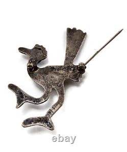 Large Native American Navajo Sterling Silver 925 Turquoise Roadrunner Pin