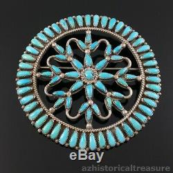 Large Native American Zuni Sterling Silver Petit Point Turquoise Pin Brooch