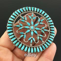 Large Native American Zuni Sterling Silver Petit Point Turquoise Pin Brooch