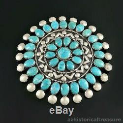 Large Native American Zuni Sterling Silver Turquoise Cluster Pendant Pin