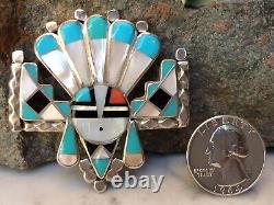 Large Native American Zuni Turquoise Coral Mop Sterling Sunface Pin Wow