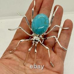 Large Navajo 3.75 Turquoise Spider Pin Signed E Garfield 24.2g Sterling Silver