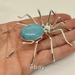 Large Navajo 3.75 Turquoise Spider Pin Signed E Garfield 24.2g Sterling Silver