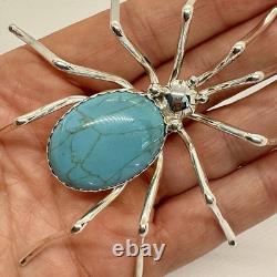 Large Navajo 3.75 Turquoise Spider Pin Signed E Garfield 24.2g Sterling Silver