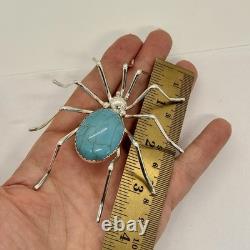 Large Navajo 3.75 Turquoise Spider Pin Signed E Garfield 24.2g Sterling Silver