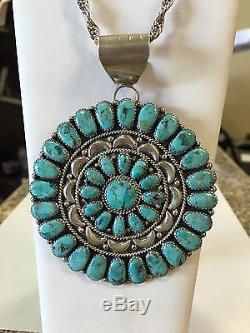 Large Navajo 925 Sterling Silver Turquoise JW MS Signed Pin Pendant