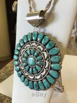 Large Navajo 925 Sterling Silver Turquoise JW MS Signed Pin Pendant
