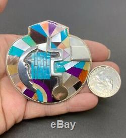 Large Navajo Sterling Silver Turquoise Multi Stone Mosaic Inlay Pin Pendant