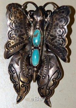 Large Navajo hand hammered arts & crafts silver turquoise butterfly pin c 1930