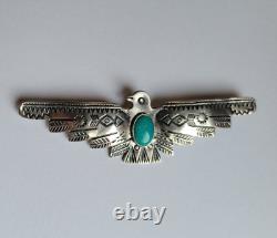 Large Old Fred Harvey Era Sterling Silver Turquoise Thunderbird Pin Brooch 3.5in