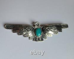 Large Old Fred Harvey Era Sterling Silver Turquoise Thunderbird Pin Brooch 3.5in