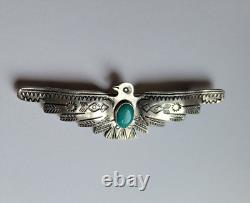 Large Old Fred Harvey Era Sterling Silver Turquoise Thunderbird Pin Brooch 3.5in