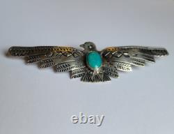 Large Old Fred Harvey Era Sterling Silver Turquoise Thunderbird Pin Brooch 3.5in