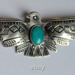 Large Old Fred Harvey Era Sterling Silver Turquoise Thunderbird Pin Brooch 3.5in