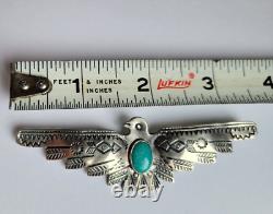 Large Old Fred Harvey Era Sterling Silver Turquoise Thunderbird Pin Brooch 3.5in