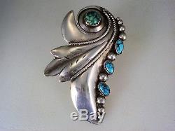 Large Old Navajo Handwrought Sterling Silver & Spiderweb Turquoise Brooch Pin