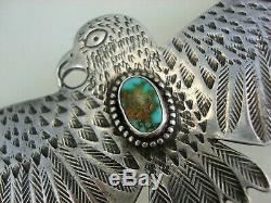 Large Old Navajo Stamped Sterling Silver & Blue Gem Turquoise Thunderbird Pin