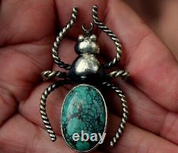 Large Old Pawn Navajo Sterling Silver & Turquoise Stone INSECT BEETLE Brooch Pin