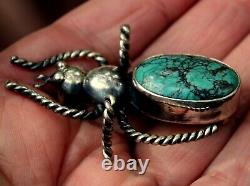 Large Old Pawn Navajo Sterling Silver & Turquoise Stone INSECT BEETLE Brooch Pin
