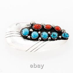 Large Old Pawn Sterling Silver Blue Turquoise Coral Stamped Sea Otter Brooch Pin