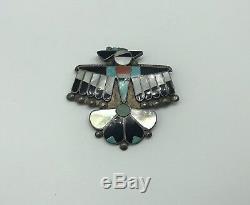 Large Old Pawn Zuni Inlay Thunderbird brooch Pin Sterling Silver Turquoise Onyx