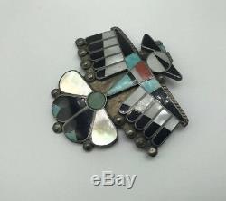 Large Old Pawn Zuni Inlay Thunderbird brooch Pin Sterling Silver Turquoise Onyx