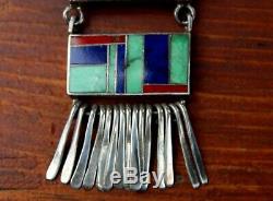 Large RAY TRACEY Navajo Sterling Silver & Turquoise Lapis Coral Inlay Brooch Pin