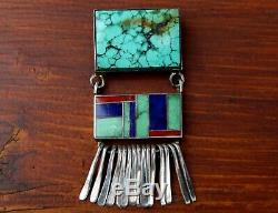 Large RAY TRACEY Navajo Sterling Silver & Turquoise Lapis Coral Inlay Brooch Pin