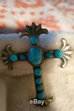 Large Signed Native American Navajo Turquoise & SS Pin/Pendant Tufa cast cross