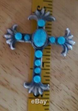 Large Signed Native American Navajo Turquoise & SS Pin/Pendant Tufa cast cross