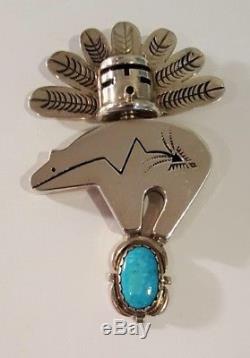 Large Vintage Native American Sterling Silver Turquoise Pin Pendant Signed