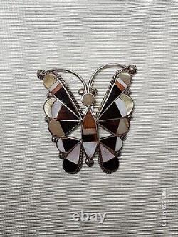 Large Vintage Native American Zuni Sterling Silver Inlaid Gemstone Butterfly Pin