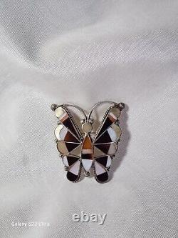 Large Vintage Native American Zuni Sterling Silver Inlaid Gemstone Butterfly Pin