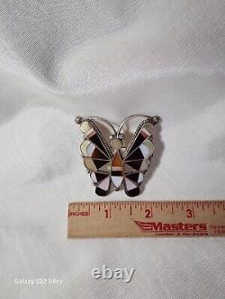 Large Vintage Native American Zuni Sterling Silver Inlaid Gemstone Butterfly Pin