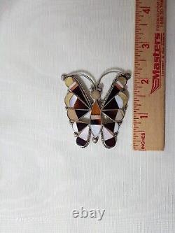 Large Vintage Native American Zuni Sterling Silver Inlaid Gemstone Butterfly Pin