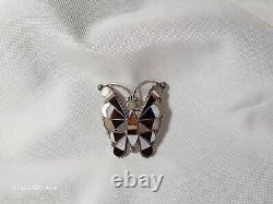 Large Vintage Native American Zuni Sterling Silver Inlaid Gemstone Butterfly Pin