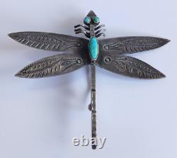 Large Vintage Navajo Indian Silver Turquoise Dragonfly Pin Brooch