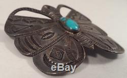 Large Vintage Navajo Indian Turquoise Stampwork Sterling Silver Butterfly Pin