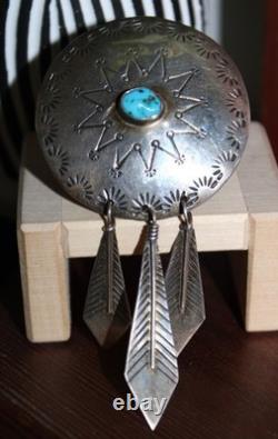 Large Vintage Navajo Platero Turquoise Sterling Dangle Feathers Brooch