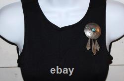 Large Vintage Navajo Platero Turquoise Sterling Dangle Feathers Brooch