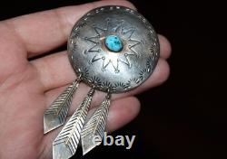 Large Vintage Navajo Platero Turquoise Sterling Dangle Feathers Brooch