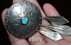 Large Vintage Navajo Platero Turquoise Sterling Dangle Feathers Brooch